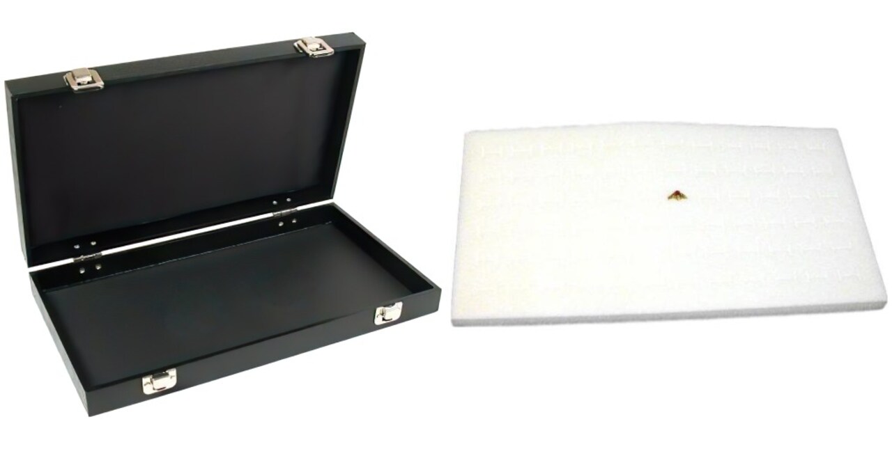 Black Jewelry Case (2xMetal Clasps & Removable Lid) w/ White 72-slot Foam Insert